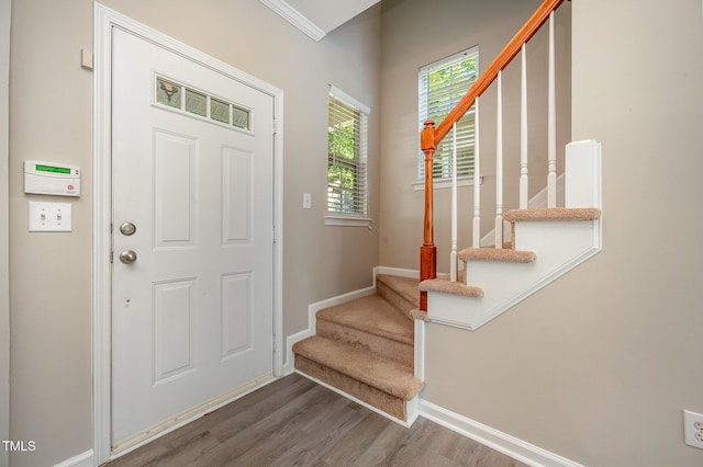 2261 Plum Frost Dr, Raleigh, NC 27603 - entryway featuring stairway and wood finished floors