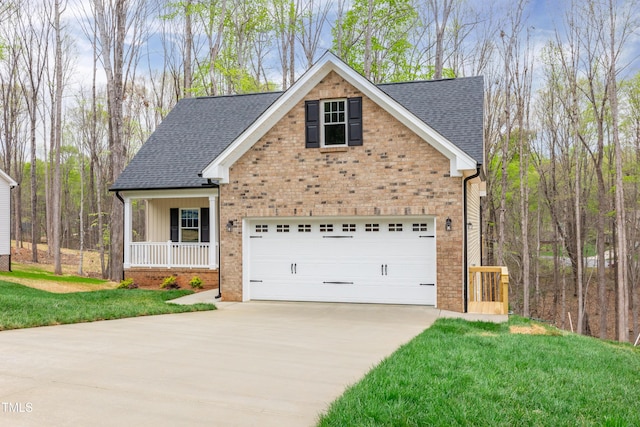 3041 Wesley Farm Ln, Sophia, NC 27350 - traditional home with concrete driveway, a shingled roof, brick siding, and covered porch