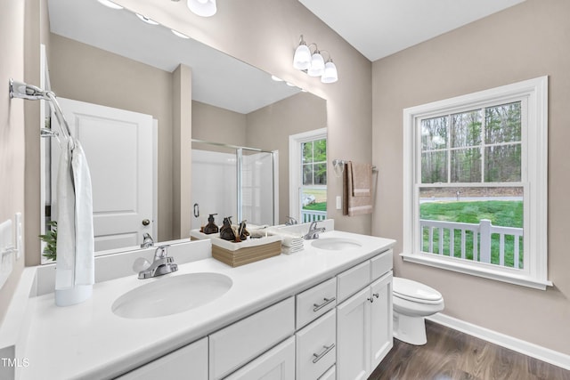 3041 Wesley Farm Ln, Sophia, NC 27350 - full bathroom featuring double vanity, a stall shower, and wood finished floors