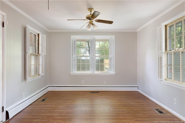 103 Stedman St, Fayetteville, NC 28305 - empty room with healthy amount of natural light, a baseboard heating unit, crown molding, wood finished floors, and a ceiling fan