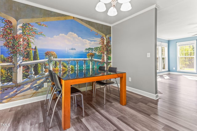 2555 Winding Creek Ln, Franklinton, NC 27525 - dining room featuring a chandelier, crown molding, wood finished floors, and a water view