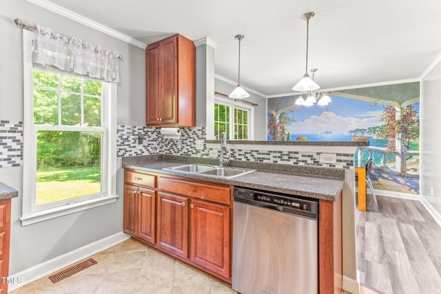 2555 Winding Creek Ln, Franklinton, NC 27525 - kitchen with dishwasher, ornamental molding, dark countertops, tasteful backsplash, and brown cabinetry