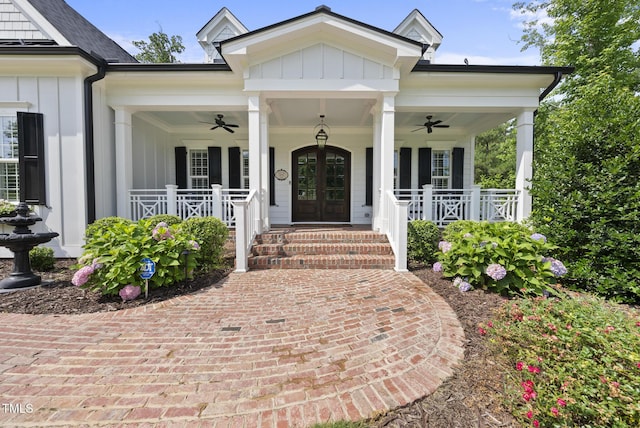 175 Stonecrest Way, Pittsboro, NC 27312 - doorway to property with board and batten siding, a ceiling fan, covered porch, and french doors