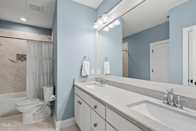 175 Stonecrest Way, Pittsboro, NC 27312 - full bathroom featuring double vanity, shower / bath combination with curtain, and marble finish floors