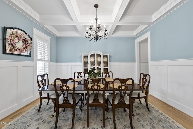 175 Stonecrest Way, Pittsboro, NC 27312 - dining room with a chandelier, beam ceiling, coffered ceiling, wood finished floors, and a decorative wall