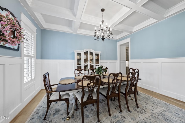 175 Stonecrest Way, Pittsboro, NC 27312 - dining space featuring light wood-style flooring, beamed ceiling, a chandelier, coffered ceiling, and wainscoting