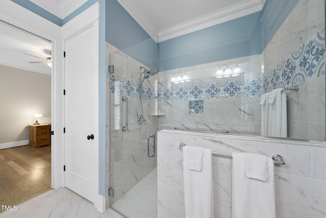 175 Stonecrest Way, Pittsboro, NC 27312 - full bath with crown molding, a marble finish shower, ceiling fan, and marble finish flooring