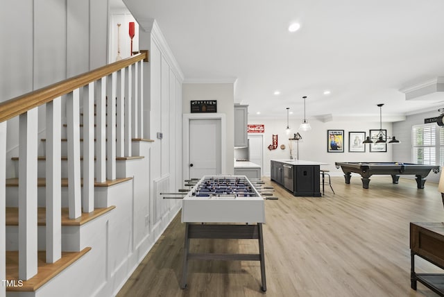 175 Stonecrest Way, Pittsboro, NC 27312 - recreation room featuring recessed lighting, wood finished floors, billiards table, and crown molding