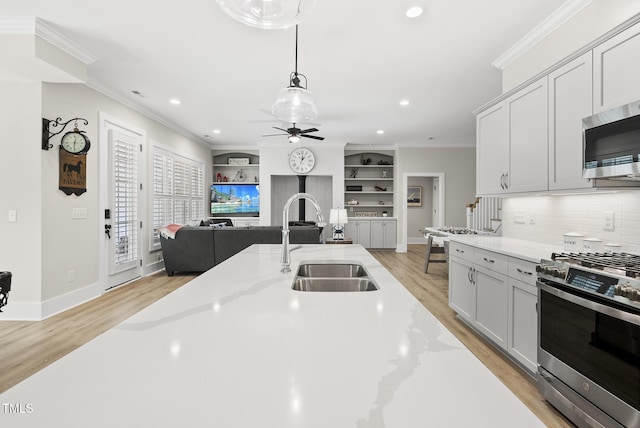 175 Stonecrest Way, Pittsboro, NC 27312 - kitchen featuring stainless steel appliances, crown molding, ceiling fan, light wood-type flooring, and open floor plan