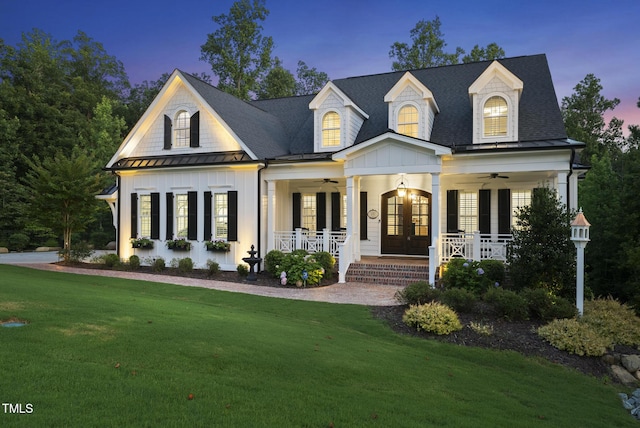 175 Stonecrest Way, Pittsboro, NC 27312 - view of front facade with french doors, ceiling fan, a porch, and a front lawn