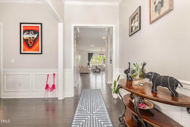 664 Old Dairy Dr, Wake Forest, NC 27587 - corridor featuring wainscoting, wood finished floors, crown molding, and a decorative wall