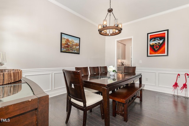 664 Old Dairy Dr, Wake Forest, NC 27587 - dining area with a chandelier, a decorative wall, crown molding, dark wood-type flooring, and wainscoting