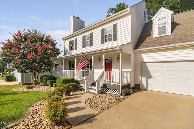 4316 Major Loring Way, Raleigh, NC 27616 - view of front of property with covered porch, a chimney, concrete driveway, a garage, and a front lawn