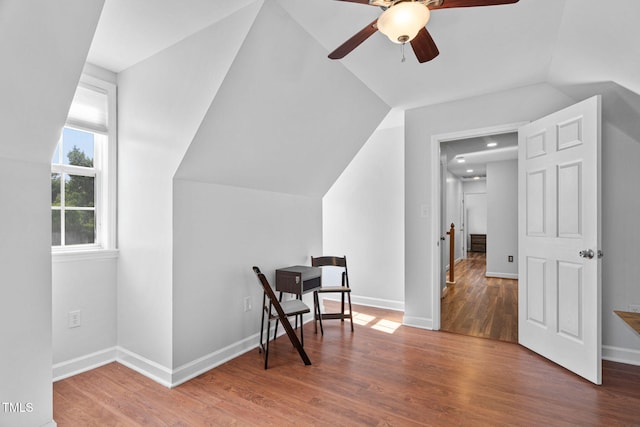 4316 Major Loring Way, Raleigh, NC 27616 - living area featuring a ceiling fan, vaulted ceiling, and wood finished floors