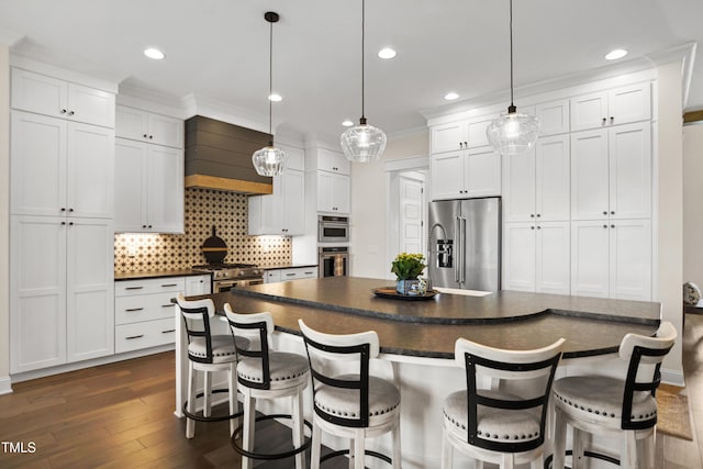 241 Teague St, Wake Forest, NC 27587 - kitchen with high quality appliances, custom range hood, dark countertops, backsplash, and dark wood finished floors