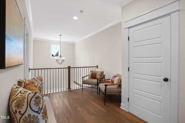 241 Teague St, Wake Forest, NC 27587 - sitting room with wood finished floors, ornamental molding, a chandelier, and recessed lighting