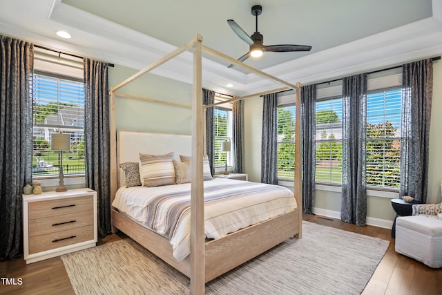 241 Teague St, Wake Forest, NC 27587 - bedroom with a raised ceiling, wood finished floors, recessed lighting, and ceiling fan