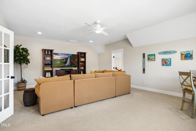 241 Teague St, Wake Forest, NC 27587 - living room with light colored carpet, ceiling fan, and recessed lighting