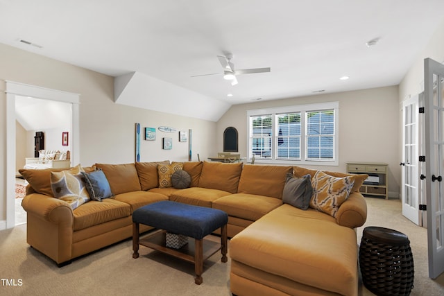241 Teague St, Wake Forest, NC 27587 - living area with light carpet, a ceiling fan, recessed lighting, and vaulted ceiling