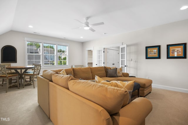 241 Teague St, Wake Forest, NC 27587 - living room with light colored carpet, a ceiling fan, recessed lighting, and vaulted ceiling