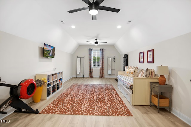 241 Teague St, Wake Forest, NC 27587 - living room featuring a ceiling fan, light wood-type flooring, lofted ceiling, and recessed lighting