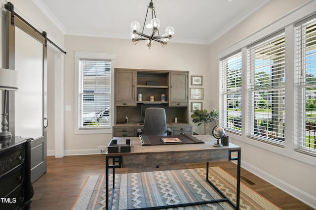241 Teague St, Wake Forest, NC 27587 - office space with a barn door, dark wood finished floors, healthy amount of natural light, crown molding, and a chandelier