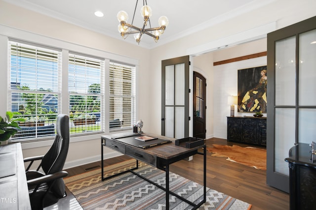 241 Teague St, Wake Forest, NC 27587 - office with a chandelier, crown molding, wood finished floors, healthy amount of natural light, and recessed lighting