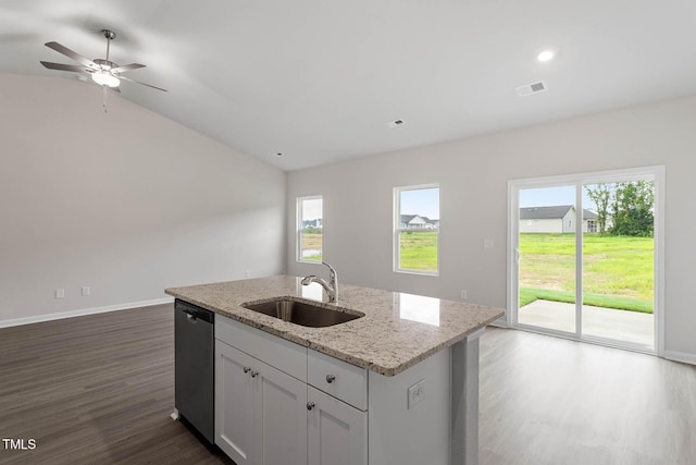3837 Ava Dr, Bailey, NC 27807 - kitchen with dishwasher, dark wood-style floors, ceiling fan, a center island with sink, and white cabinetry