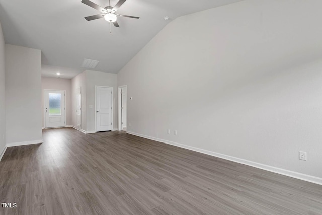 3837 Ava Dr, Bailey, NC 27807 - unfurnished living room with vaulted ceiling, ceiling fan, and wood finished floors