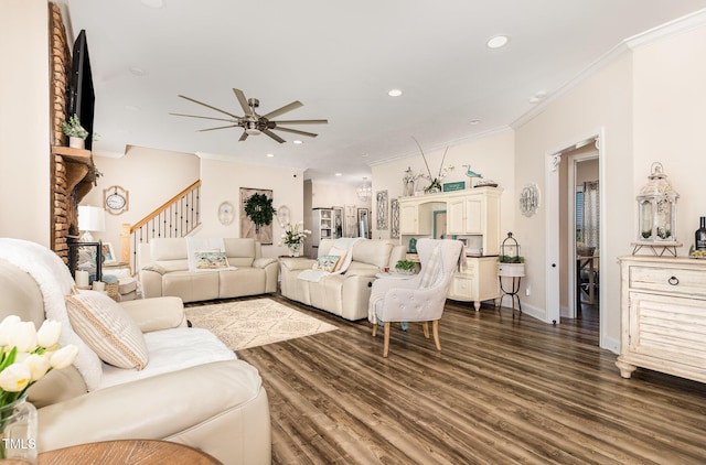 190 Mitchells Chapel Rd, Pittsboro, NC 27312 - living room featuring ornamental molding, ceiling fan, dark wood-style flooring, recessed lighting, and stairway