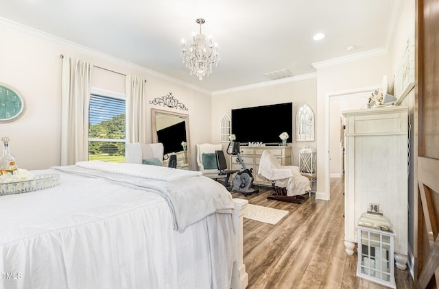 190 Mitchells Chapel Rd, Pittsboro, NC 27312 - bedroom with a chandelier, ornamental molding, light wood finished floors, and recessed lighting