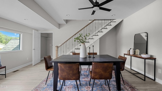 505 Hawfields Rd, Mebane, NC 27302 - dining space with stairway, a ceiling fan, light wood finished floors, and recessed lighting