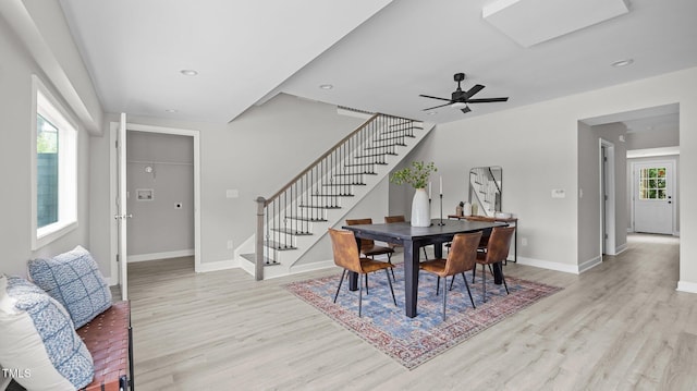 505 Hawfields Rd, Mebane, NC 27302 - dining room with stairs, light wood finished floors, recessed lighting, and ceiling fan