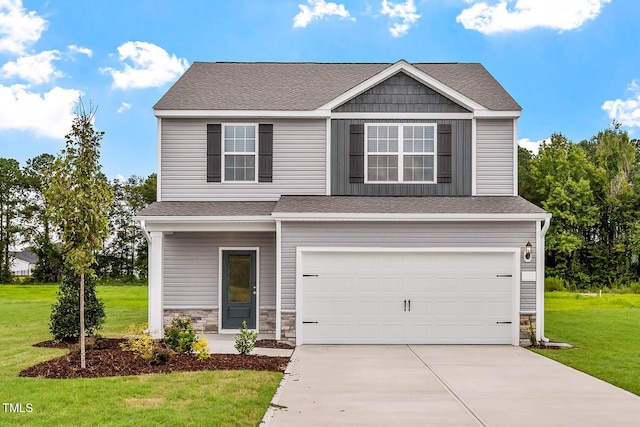 8960 Ava Dr, Bailey, NC 27807 - craftsman-style home with an attached garage, driveway, stone siding, a front lawn, and a shingled roof