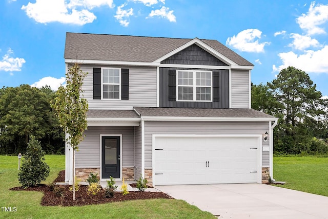 8960 Ava Dr, Bailey, NC 27807 - craftsman house featuring a garage, concrete driveway, stone siding, a front yard, and roof with shingles