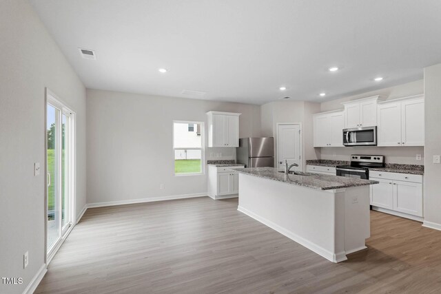 3930 Needham Rd, Bailey, NC 27807 - kitchen with appliances with stainless steel finishes, plenty of natural light, light wood finished floors, a center island with sink, and recessed lighting