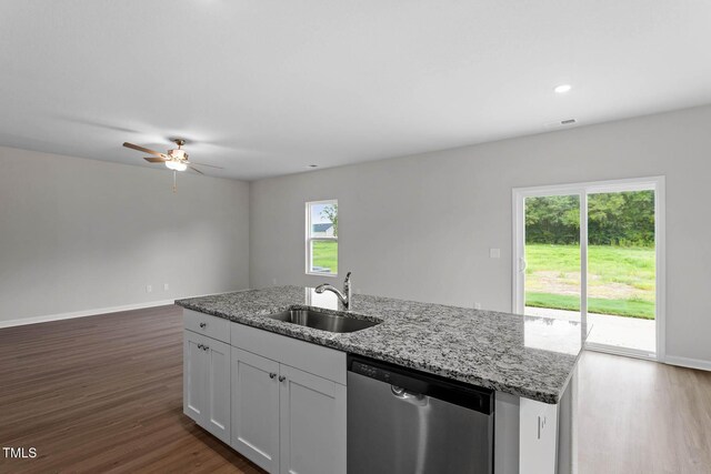 3930 Needham Rd, Bailey, NC 27807 - kitchen featuring dishwasher, dark wood-type flooring, a center island with sink, ceiling fan, and recessed lighting
