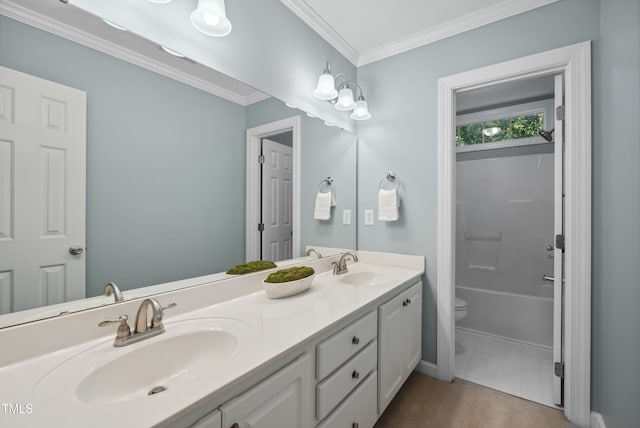 5940 Dahlberg Dr, Raleigh, NC 27603 - bathroom featuring double vanity, crown molding, and bathing tub / shower combination