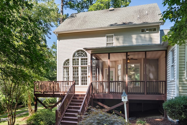 5940 Dahlberg Dr, Raleigh, NC 27603 - back of house featuring a shingled roof, a ceiling fan, a deck, and stairs