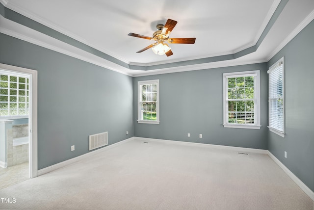 5940 Dahlberg Dr, Raleigh, NC 27603 - empty room with a tray ceiling, crown molding, carpet flooring, and ceiling fan