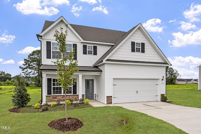 3870 Origin Dr, Bailey, NC 27807 - view of front of house with board and batten siding, driveway, stone siding, and a front lawn