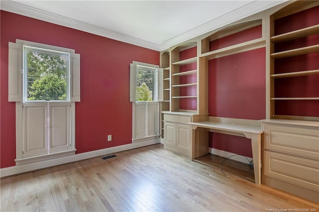 223 Devane St, Fayetteville, NC 28305 - unfurnished office with built in study area, light wood-type flooring, crown molding, and built in features