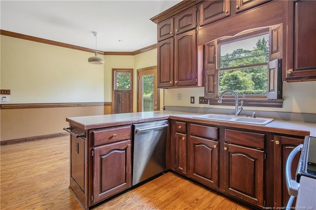 223 Devane St, Fayetteville, NC 28305 - kitchen with dishwasher, a peninsula, ornamental molding, light wood-type flooring, and hanging light fixtures