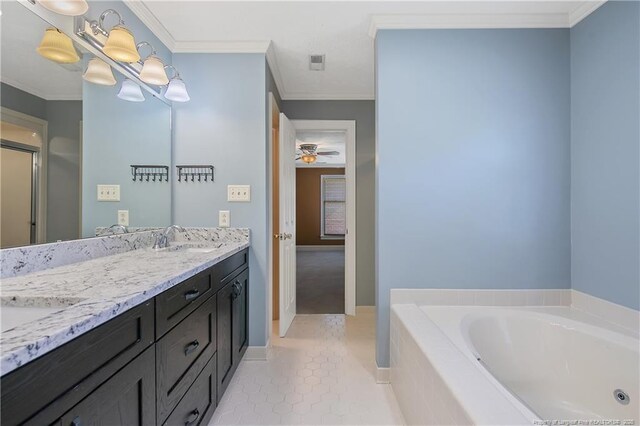 223 Devane St, Fayetteville, NC 28305 - full bath featuring a bath, double vanity, ornamental molding, tile patterned flooring, and ceiling fan