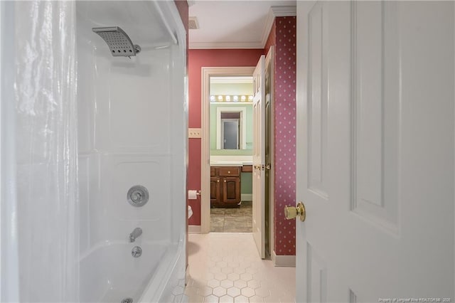 223 Devane St, Fayetteville, NC 28305 - full bath featuring ornamental molding, shower / tub combo, vanity, and tile patterned flooring
