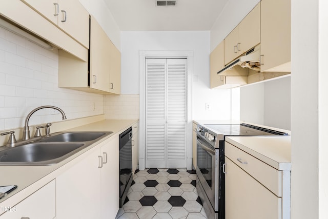 235 Mccauley St Unit # D, Chapel Hill, NC 27516 - kitchen featuring stainless steel range with electric stovetop, under cabinet range hood, light countertops, tasteful backsplash, and black dishwasher
