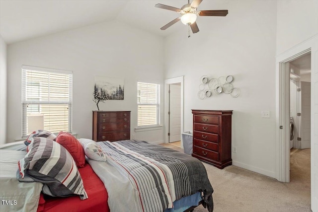 7879 Allscott Way, Raleigh, NC 27612 - bedroom featuring light carpet, high vaulted ceiling, and ceiling fan