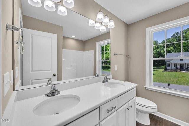 3013 Wesley Farm Ln, Sophia, NC 27350 - full bathroom featuring a shower, double vanity, and wood finished floors