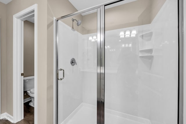 3013 Wesley Farm Ln, Sophia, NC 27350 - full bath featuring a shower stall and wood finished floors