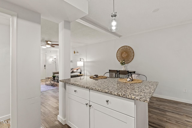 7002 Longstreet Dr Unit C, Raleigh, NC 27615 - kitchen with a ceiling fan, dark wood-style flooring, light stone countertops, white cabinetry, and pendant lighting